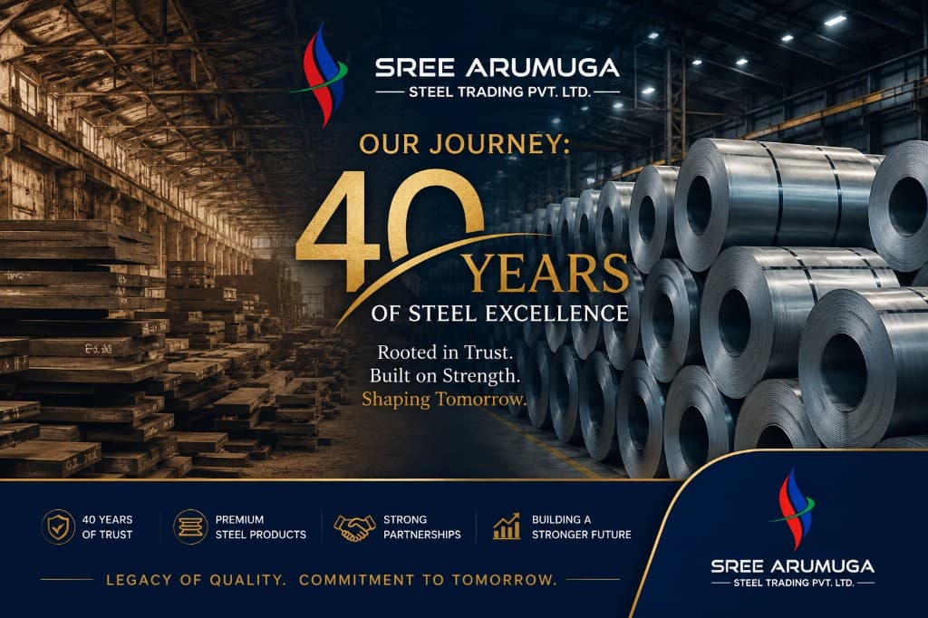 Sree Arumuga 40 years of steel excellence anniversary infographic